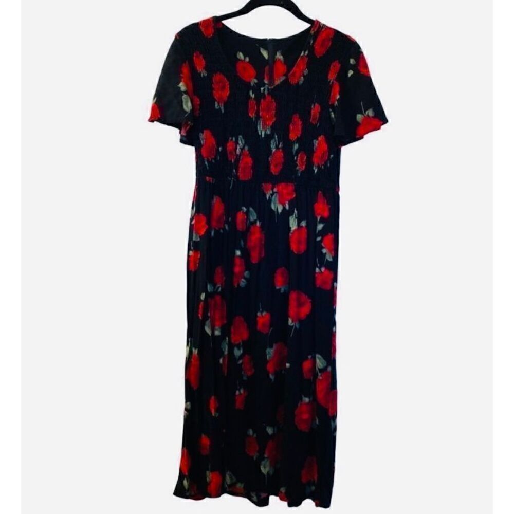Unbranded women’s black and red rose rauched top short sleeve dress midi S/M 